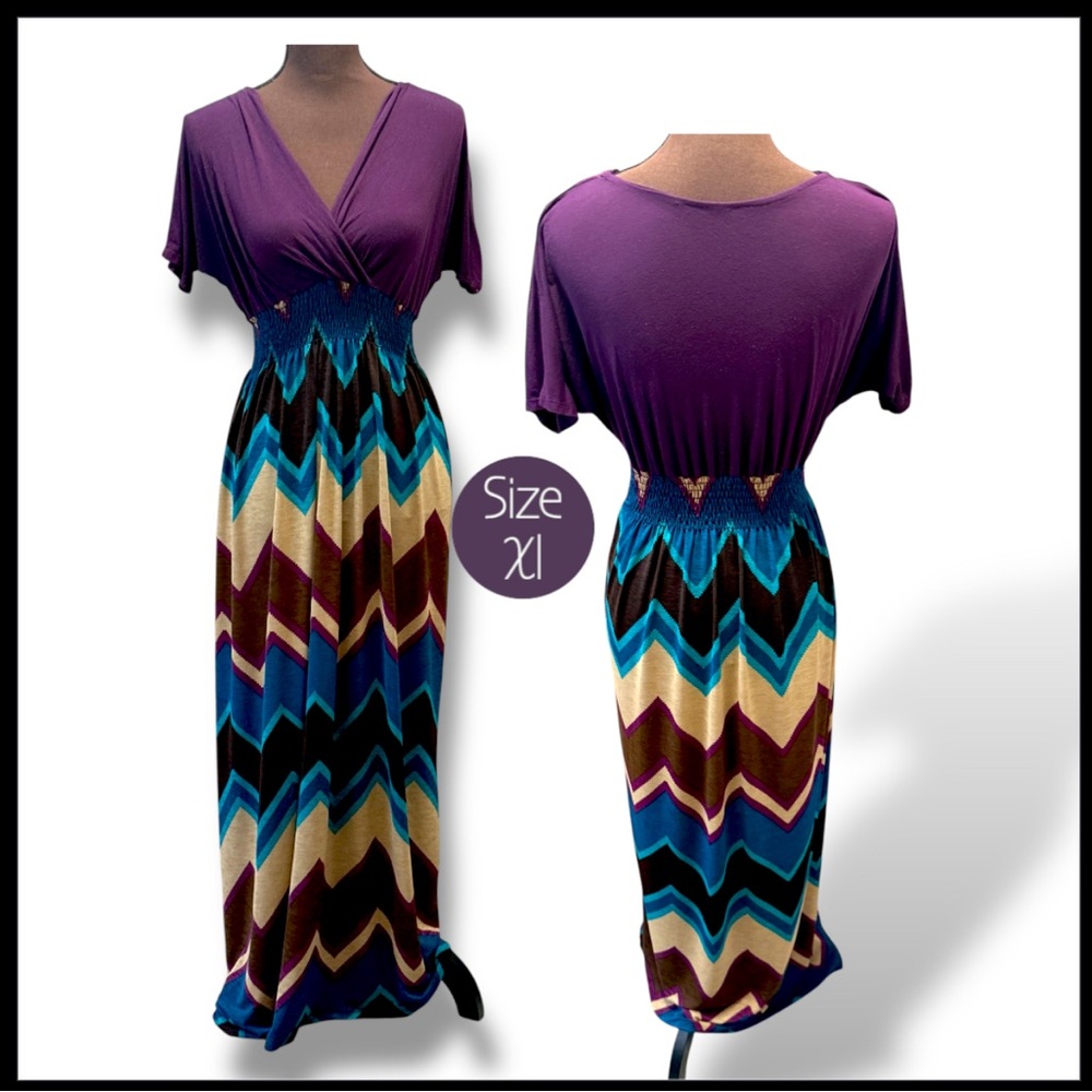 Maxi Dress, Purple Chevron Maxi Dress, Summer/Fall Dress, V-Neck, Boho Chic Dres
